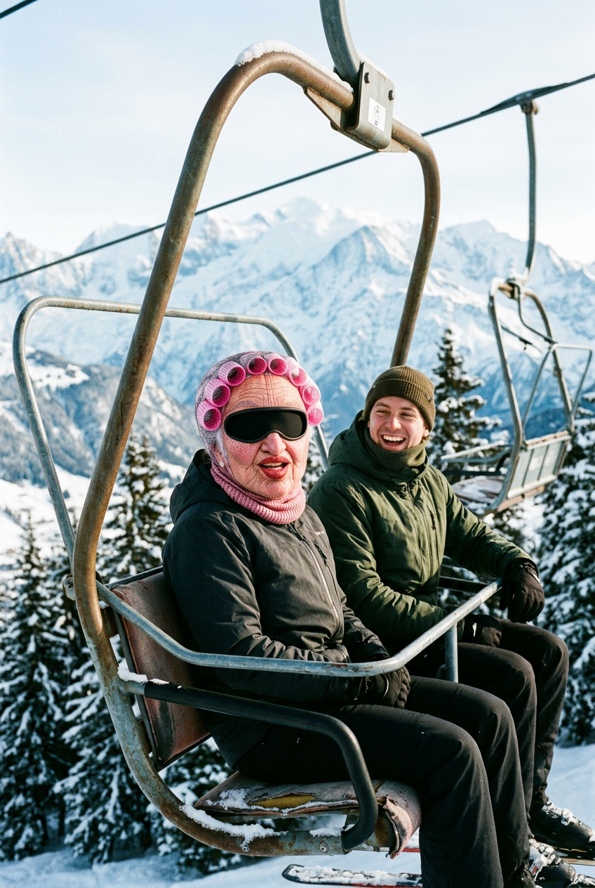 Two friends on a snowy chairlift, one wearing the pink curlers balaclava