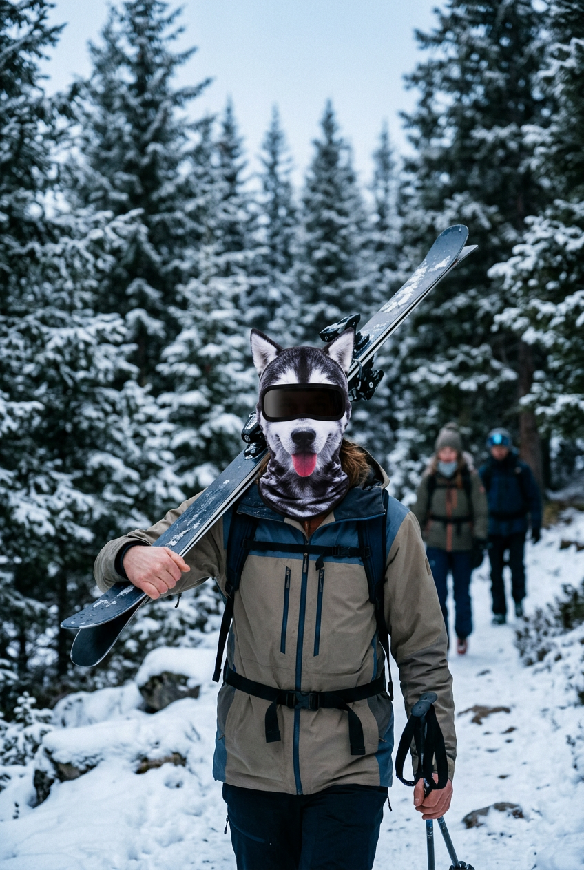 Skier carrying skis through snowy woods in a husky balaclava